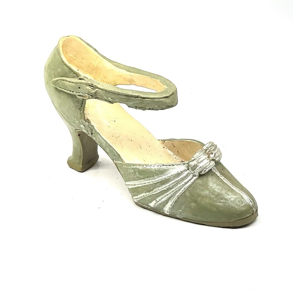 Vintage Collectible Olive Green Miniature Strappy Shoe Heel Detailed Buckle Bow